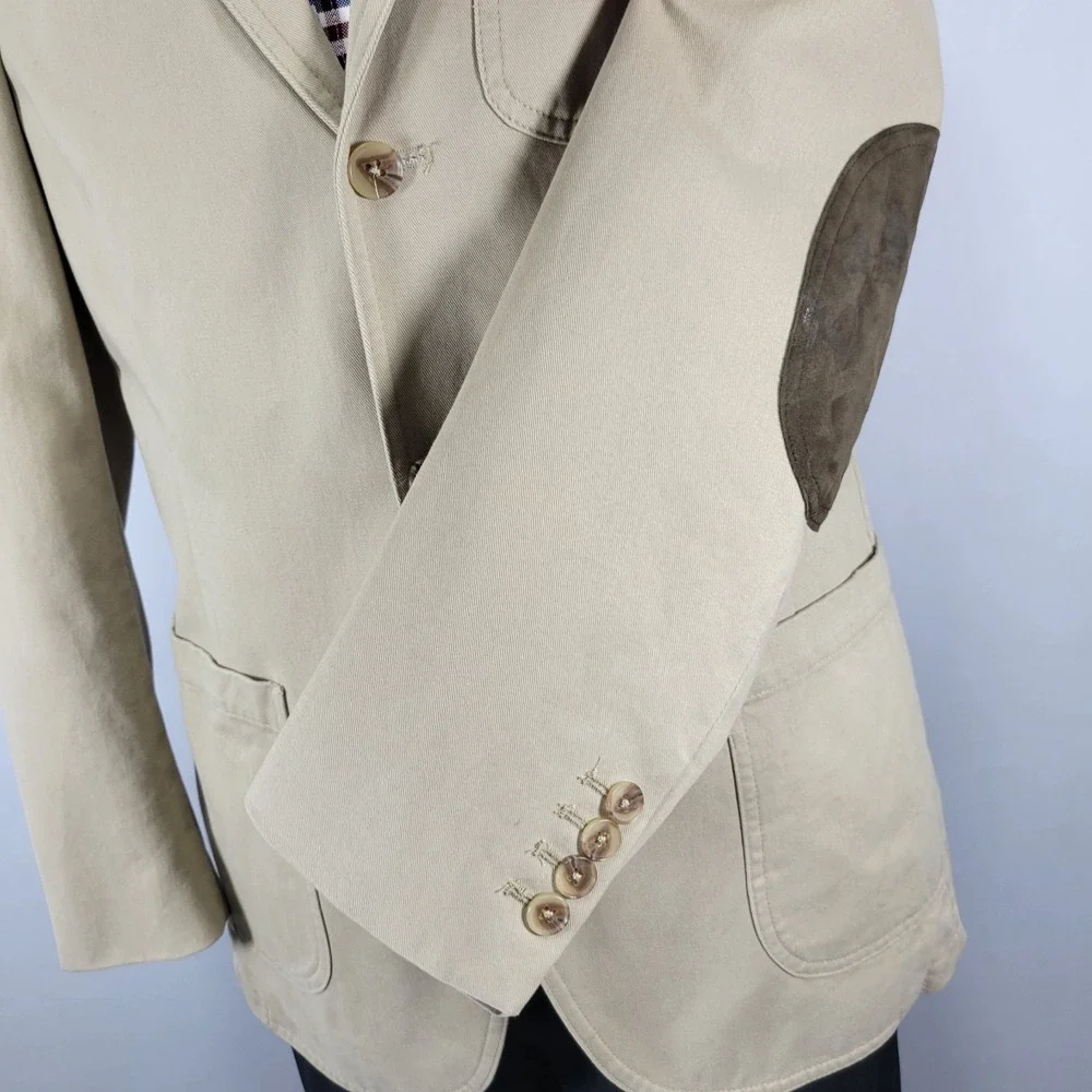 Lands End Mens Sport Coat Blazer Three Button Beige Cotton Surgeon Cuff Size 38R